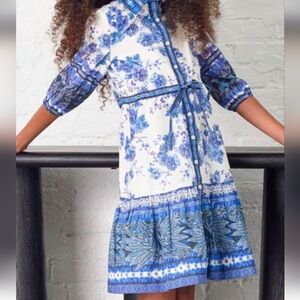 Chic Blue and White Floral Long Sleeve Dress